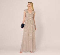 Cap Sleeve Beaded Sequin Floral Gown In Marble