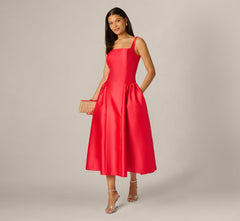 Drop Waist Fit And Flare Mikado Midi Dress In Persimmon