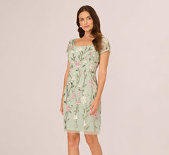 Short Sleeve Floral Beaded Square Neck Cocktail Dress In Icy Sage