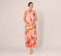 Floral Chiffon Trapeze Halter Gown In Pink Multi