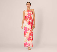 One Shoulder Watercolor Floral Stripe Gown In Ivory Pink Multi