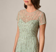 Short Sleeve 3D Beaded Vine Gown In Icy Sage