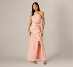One Shoulder Stretch Rosette Gown In Blush Whisper