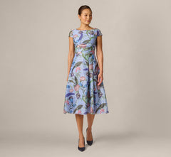 Cap Sleeve Floral Jacquard A Line Midi Dress In Blue Multi