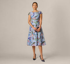 Cap Sleeve Floral Jacquard A Line Midi Dress In Blue Multi