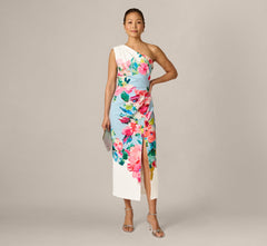 One Shoulder Floral Twill Midi Dress In Blue Multi