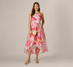 Petite One Shoulder Watercolor Organza High Low Midi Dress In Ivory Multi
