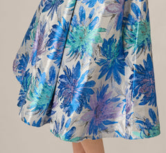 Chrysanthemum Floral Jacquard Fit And Flare Tea Length Dress In Blue Multi
