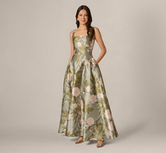 Drop Waist Square Neck Floral Ballgown In Sage Multi