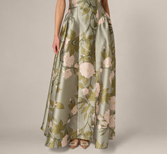 Drop Waist Square Neck Floral Ballgown In Sage Multi