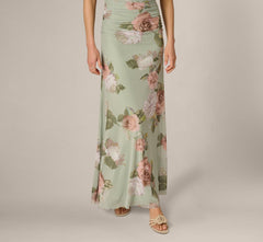 Floral Print Stretch Mesh Ruched Gown In Sage Multi