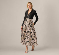 Long Sleeve Combo Tuxedo Ankle Length Gown In Black Blush