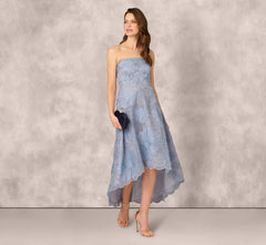 Strapless Floral Embroidered High Low Midi Dress In Blue Cloud