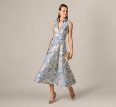 Hydrangea Floral Jacquard Collared Midi Dress In Blue Multi