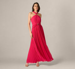 Pleated Chiffon Hardware Halter Gown In Pink Cherry