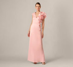 Stretch Mikado Rosette Shoulder Gown In Pink Cloud