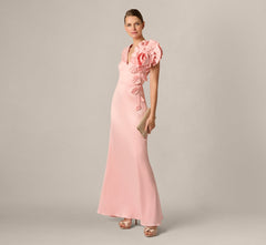 Stretch Mikado Rosette Shoulder Gown In Pink Cloud