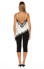 Ziva White Satin Lace Trim Asymmetrical Top