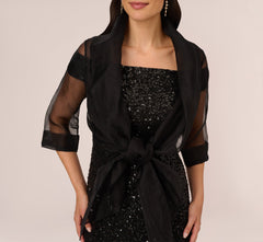 Organza Wrap Jacket With Short Sleeves In Black
