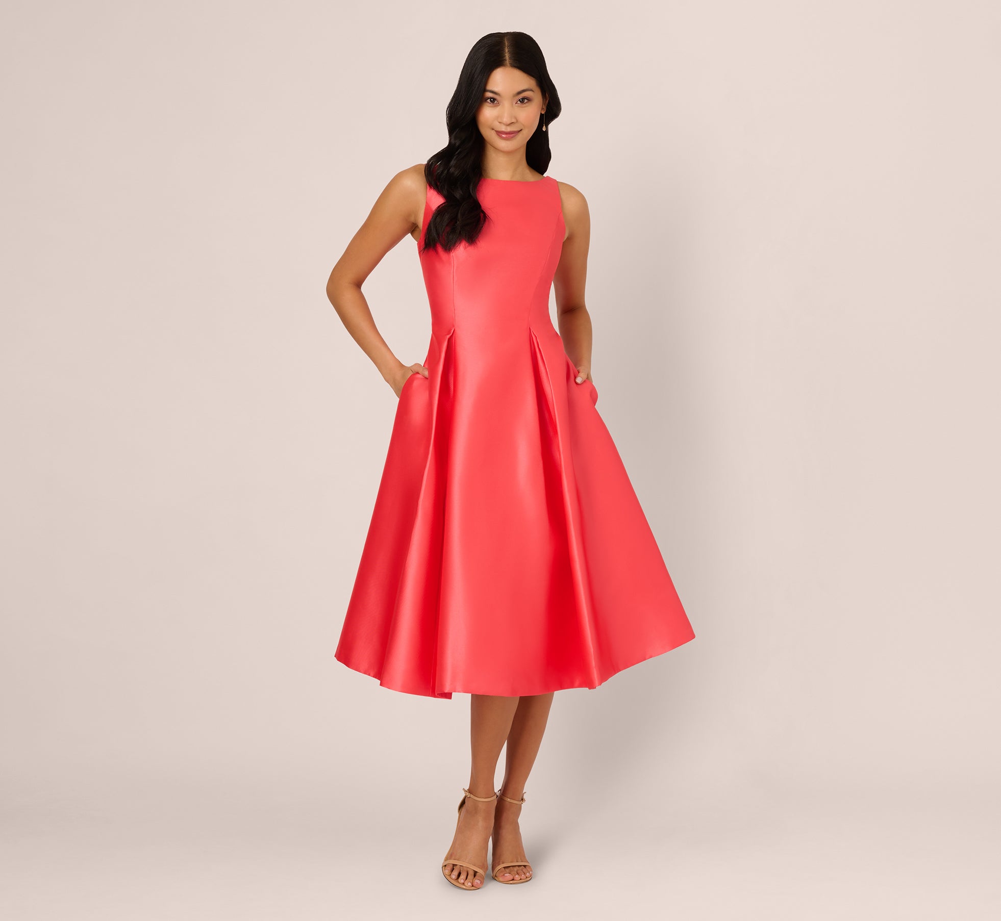 Sleeveless Mikado Fit And Flare Midi Dress With V-Back In Desert Flower