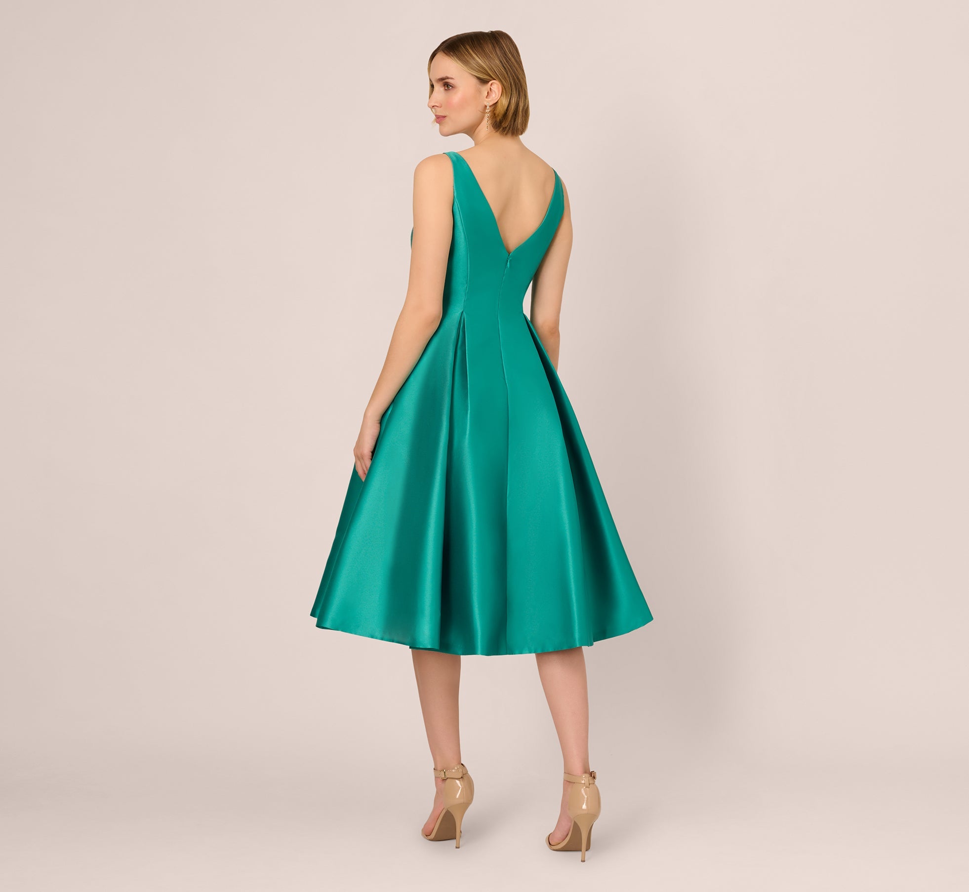 Sleeveless Mikado Fit And Flare Midi Dress With V-Back In Botanic Green