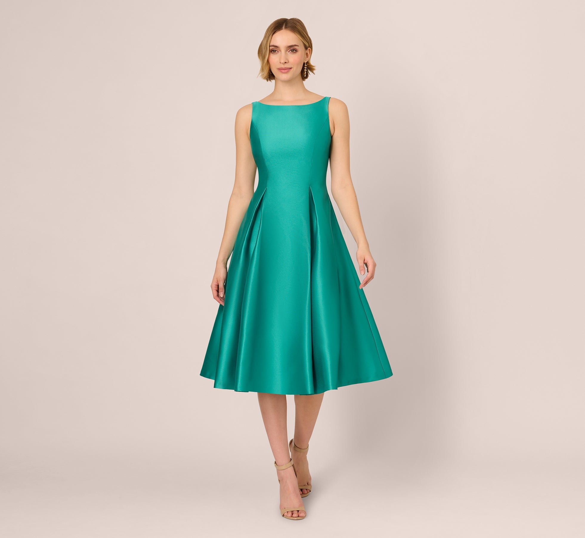 Sleeveless Mikado Fit And Flare Midi Dress With V-Back In Botanic Green