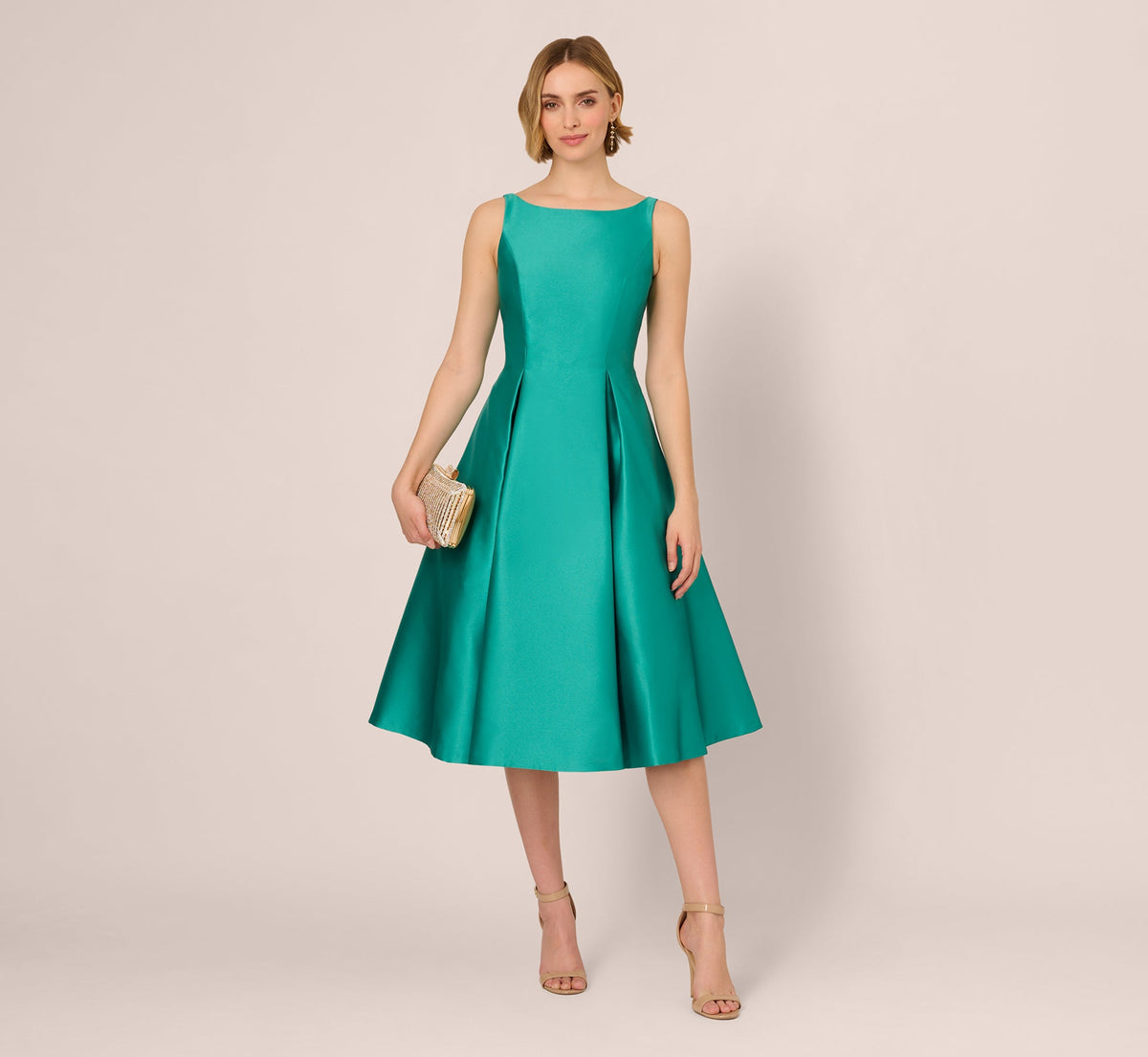 Sleeveless Mikado Fit And Flare Midi Dress With V-Back In Botanic Green