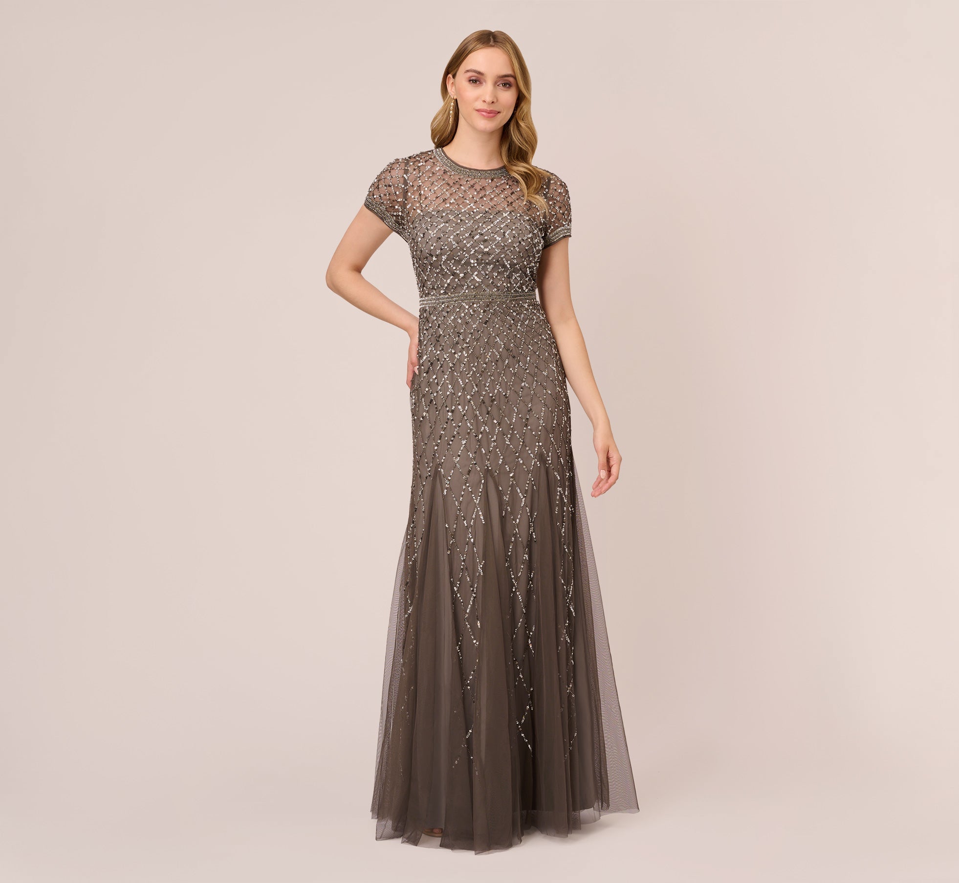 Cap Sleeve Beaded Gown In Lead