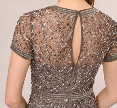 Cap Sleeve Beaded Gown In Lead
