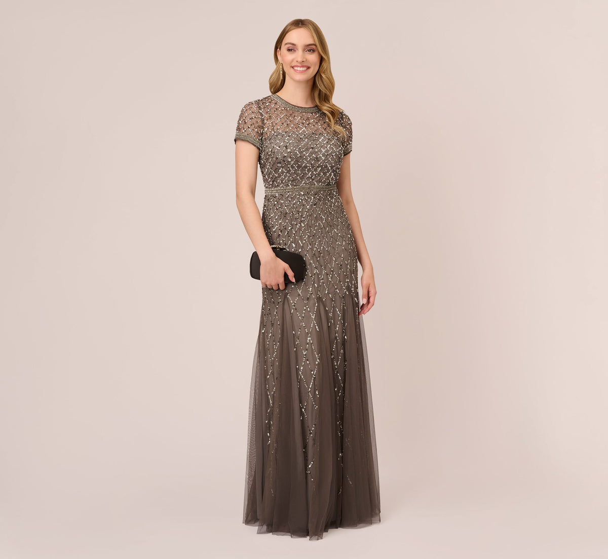 Cap Sleeve Beaded Gown In Lead