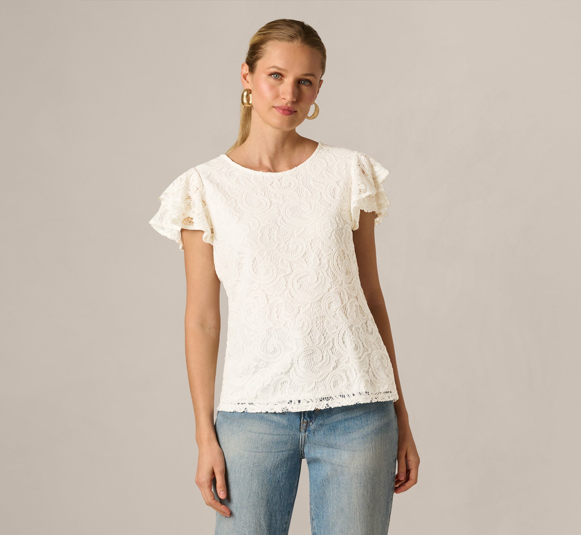 Lace Top With Ruffled Sleeves In Natural