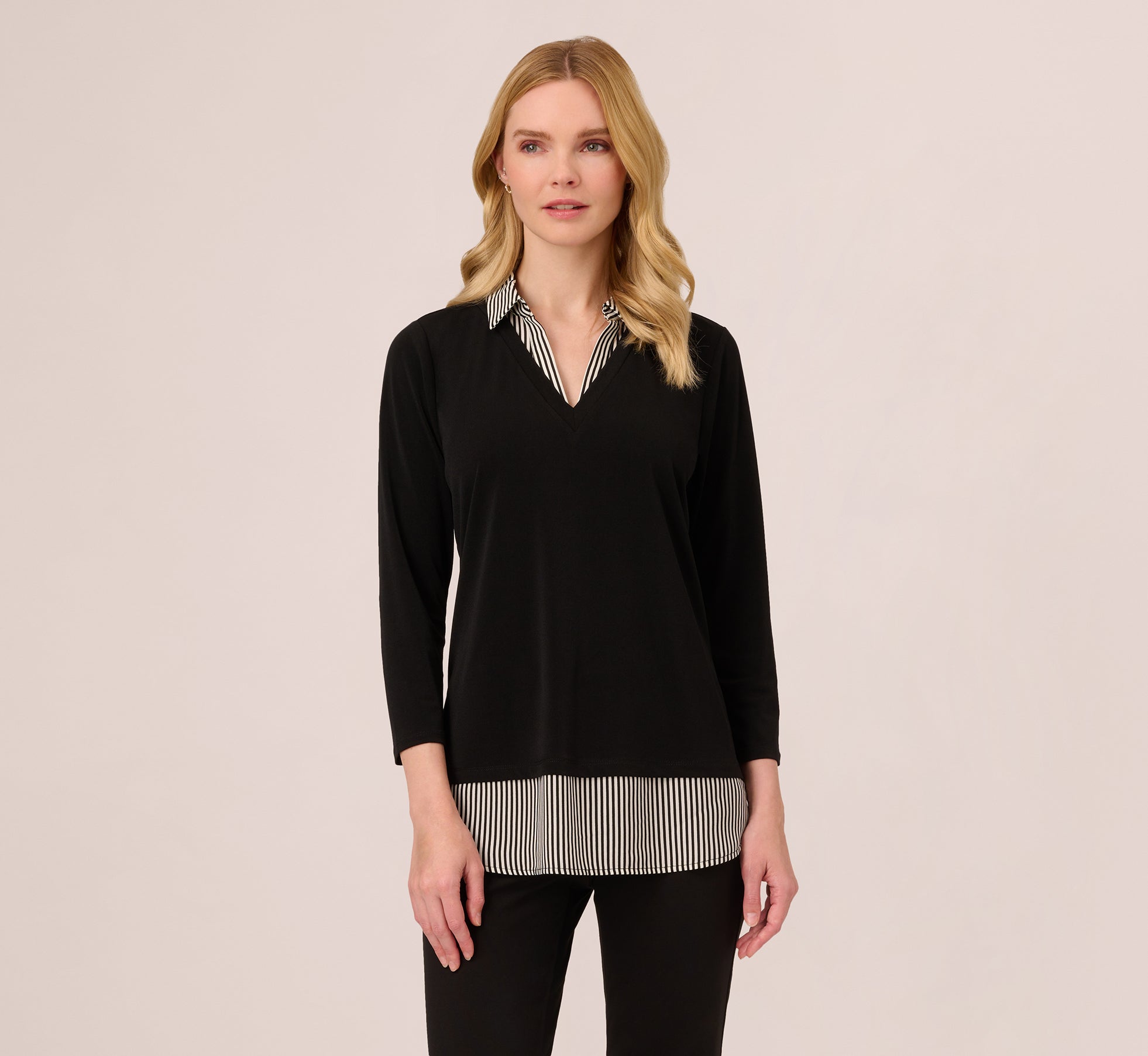 Three Quarter Sleeve Sweater With Button Down Accents In Blackw Black Ivorysmall Stripe