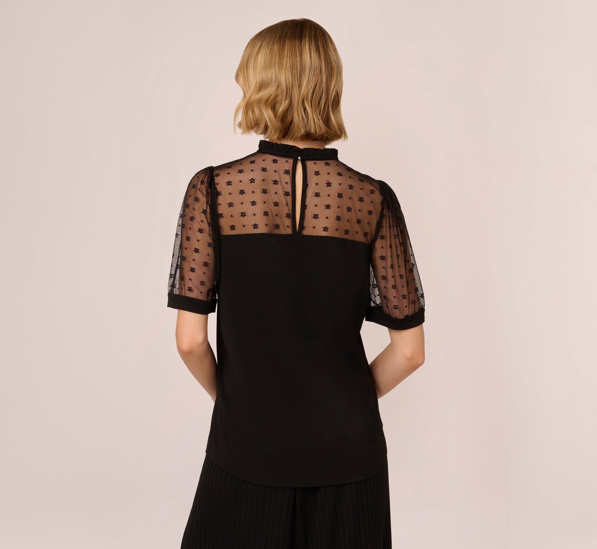Ruffle Neck Top With Floral Mesh Short Sleeves In Black