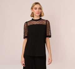 Ruffle Neck Top With Floral Mesh Short Sleeves In Black