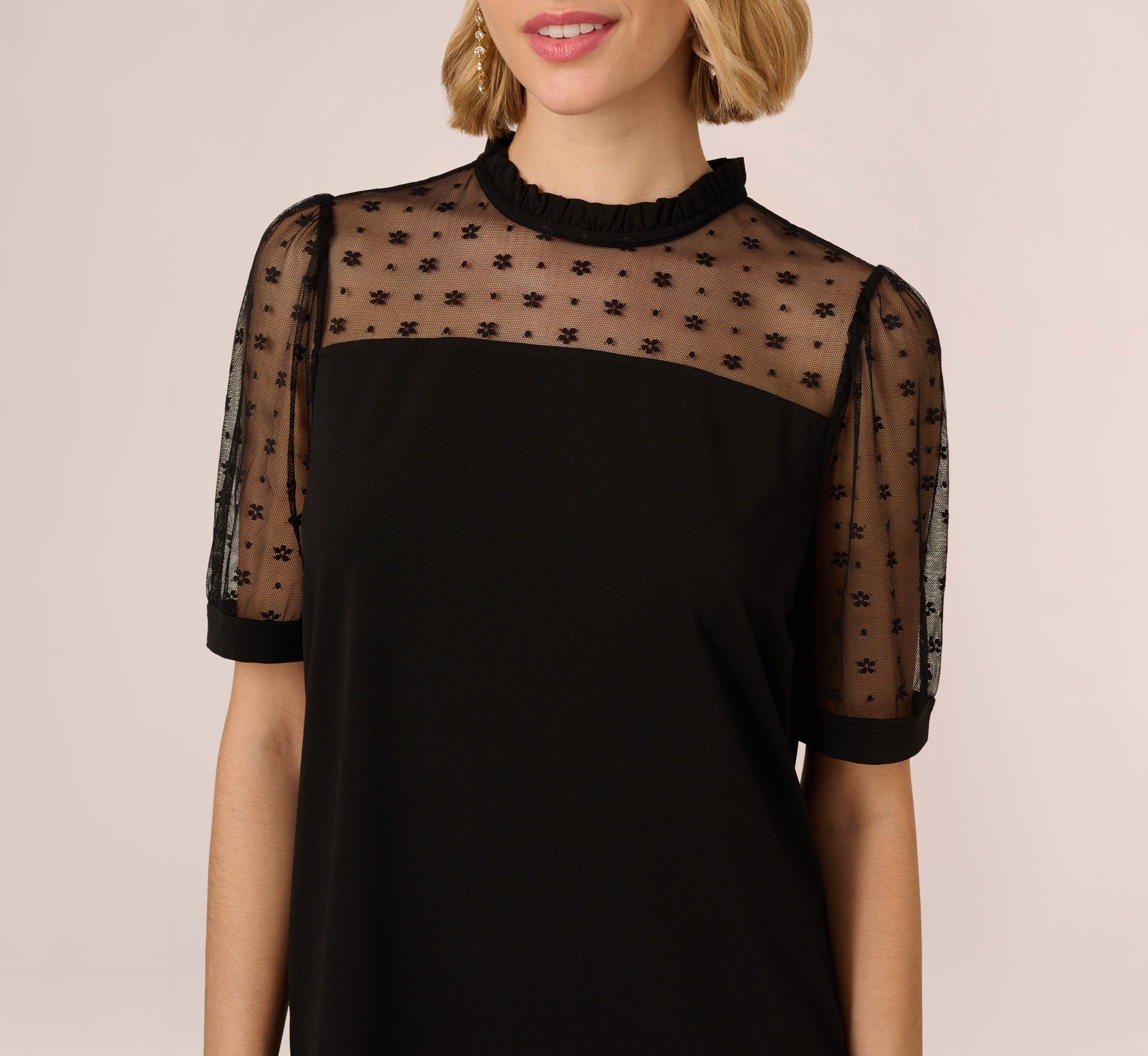 Ruffle Neck Top With Floral Mesh Short Sleeves In Black