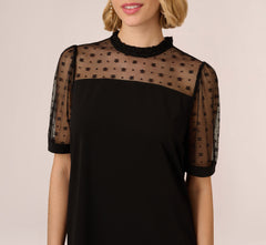 Ruffle Neck Top With Floral Mesh Short Sleeves In Black