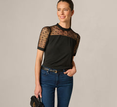 Ruffle Neck Top With Floral Mesh Short Sleeves In Black