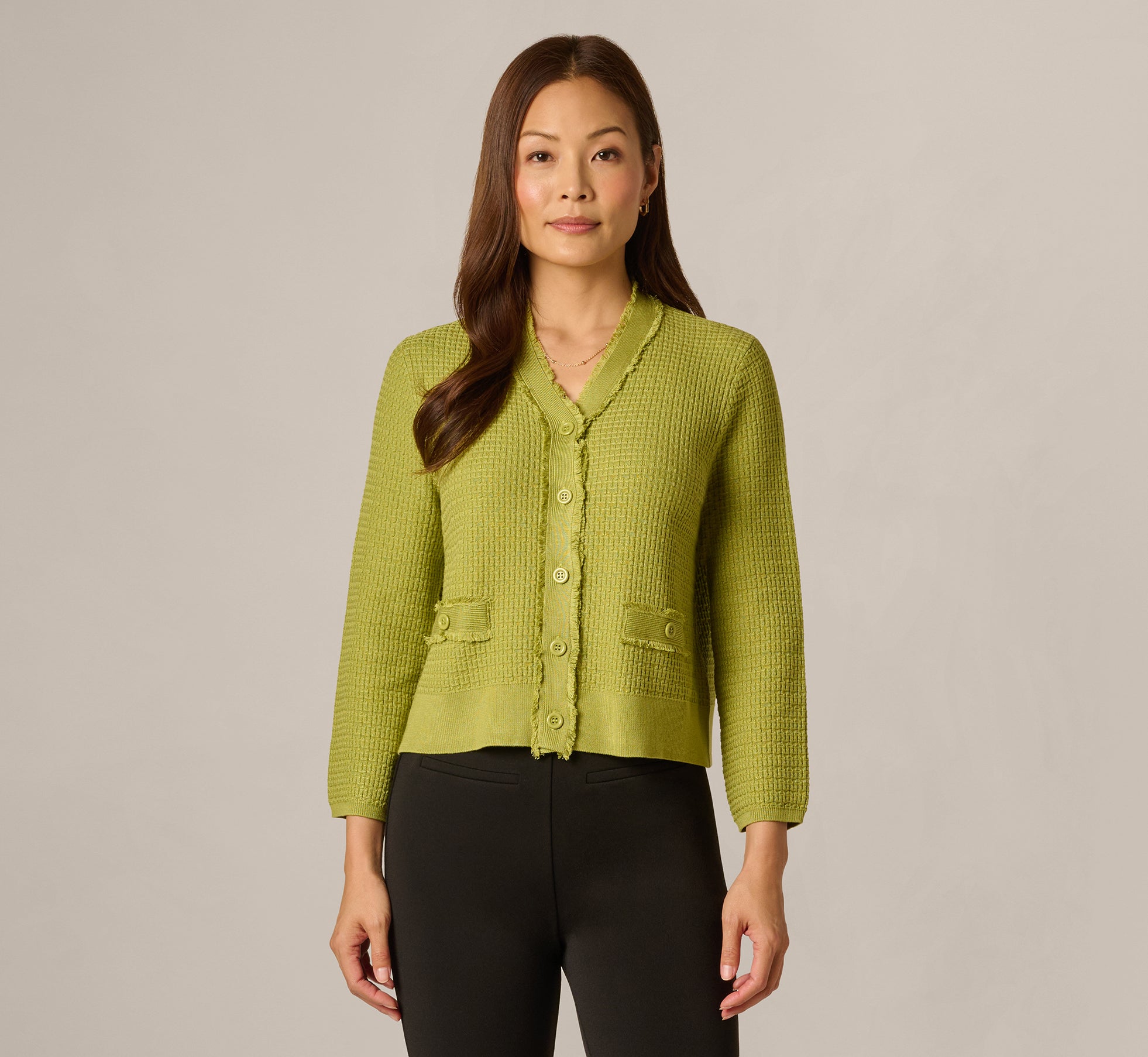 Waffle Knit Cardigan Sweater With Frayed Edges In Apple Green