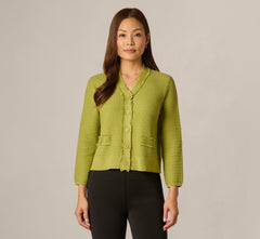 Waffle Knit Cardigan Sweater With Frayed Edges In Apple Green