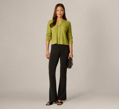 Waffle Knit Cardigan Sweater With Frayed Edges In Apple Green