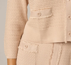 Waffle Knit Cardigan Sweater With Frayed Edges In Champagne Blush