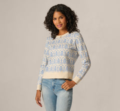 Crew Neck Floral Pullover Sweater In Classic Blue Linear Damask