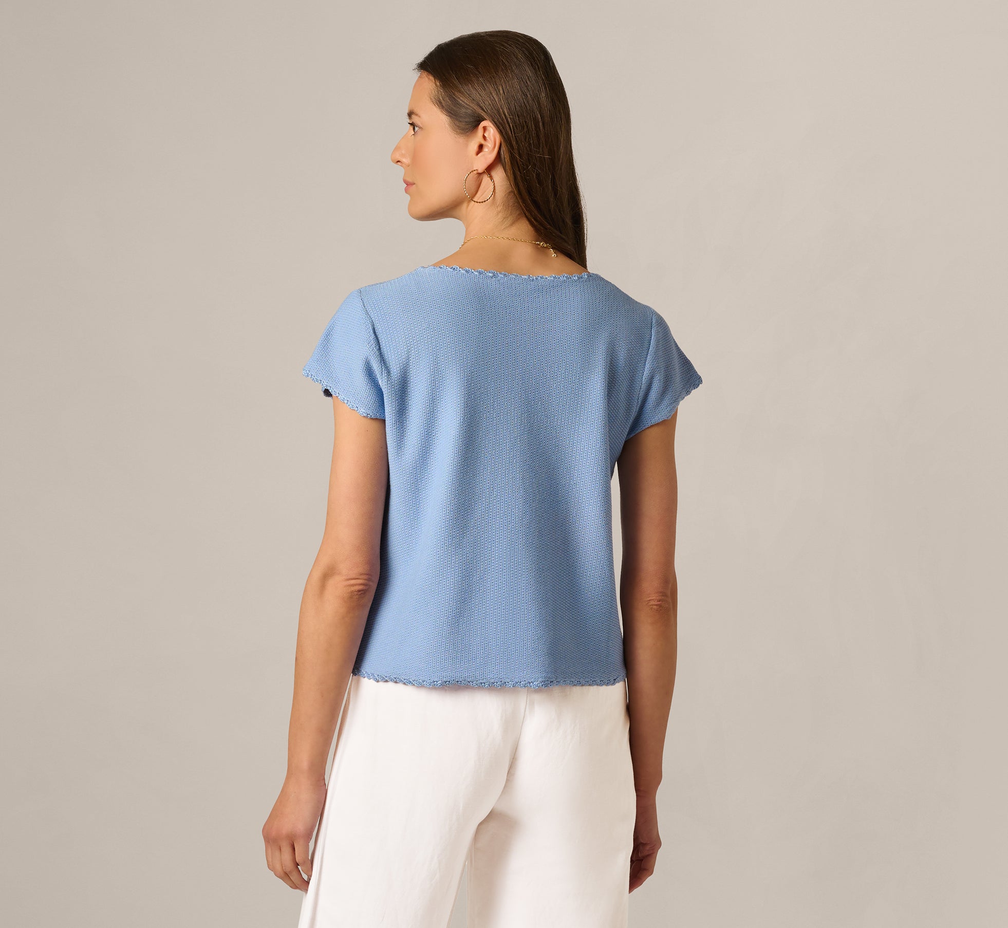 Cap Sleeve Crochet Scallop Sweater Top In Classic Blue