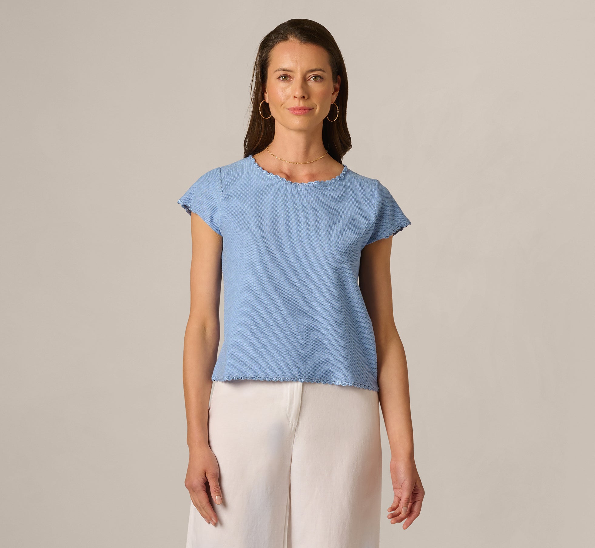 Cap Sleeve Crochet Scallop Sweater Top In Classic Blue