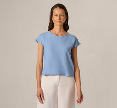Cap Sleeve Crochet Scallop Sweater Top In Classic Blue