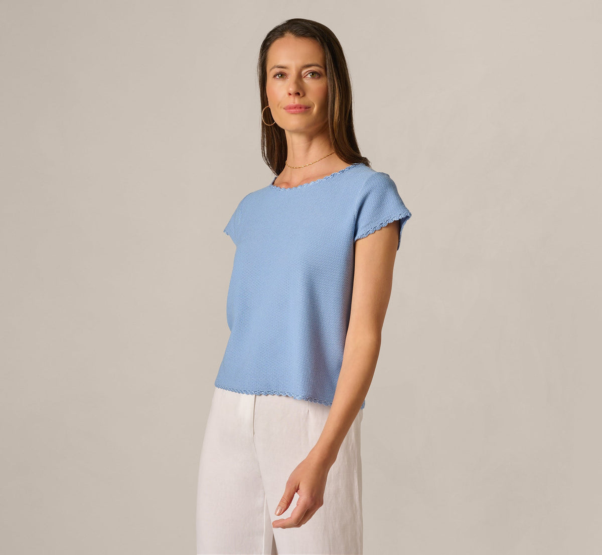 Cap Sleeve Crochet Scallop Sweater Top In Classic Blue