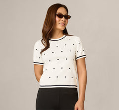Short Sleeve Chain Patterned Knit Top In Ivory Navy Medium Simple Dot