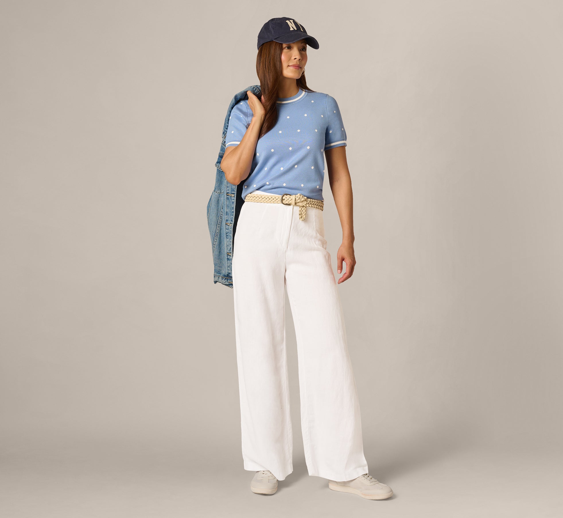 Short Sleeve Chain Patterned Knit Top In Classic Blue Medium Simple Dot