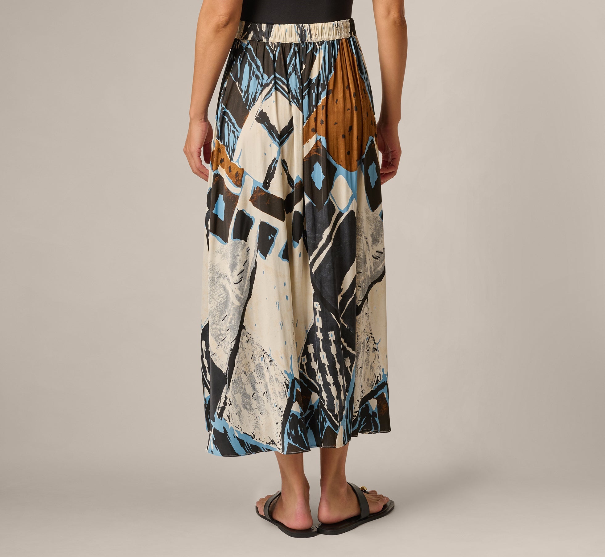 Printed Side Slit A Line Midi Skirt In Blue Diamond Tiki