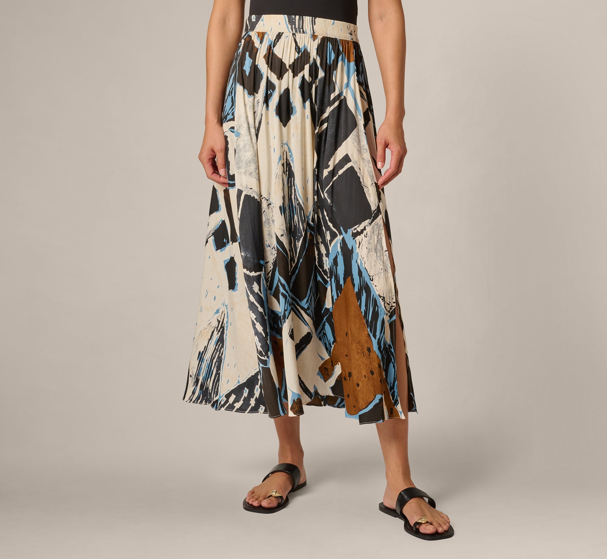 Printed Side Slit A Line Midi Skirt In Blue Diamond Tiki